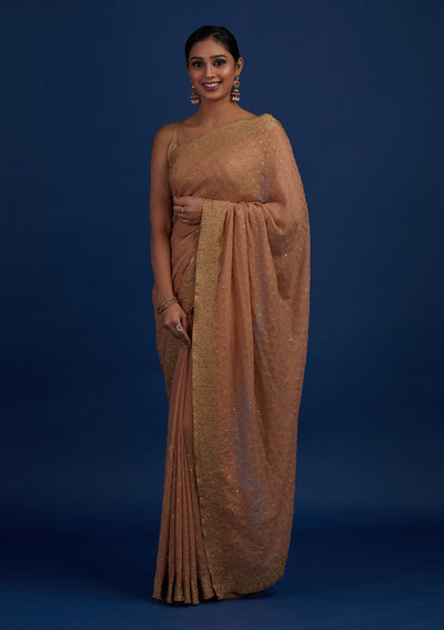 Peach Zariwork Shimmer Designer Saree - Koskii
