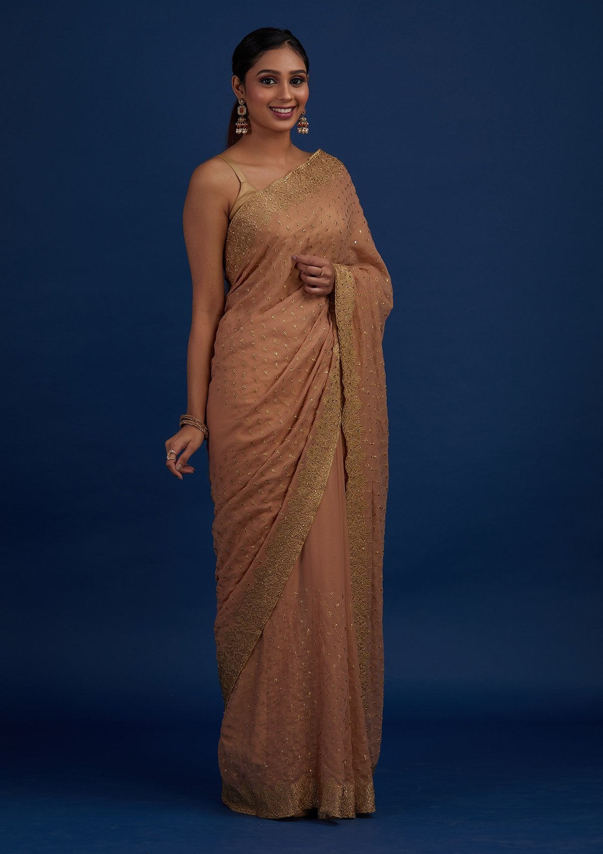 Peach Zariwork Shimmer Designer Saree - Koskii