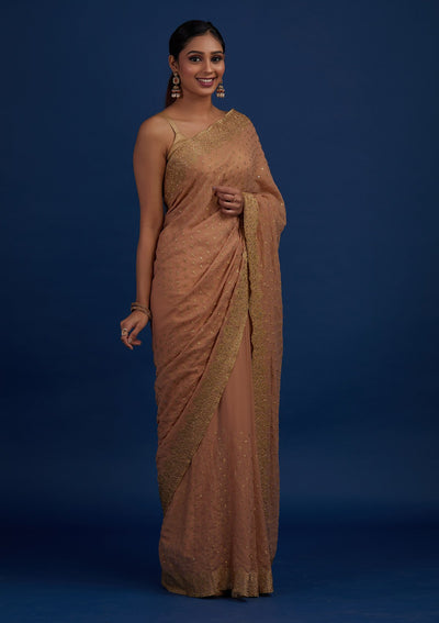 Peach Zariwork Shimmer Designer Saree - Koskii