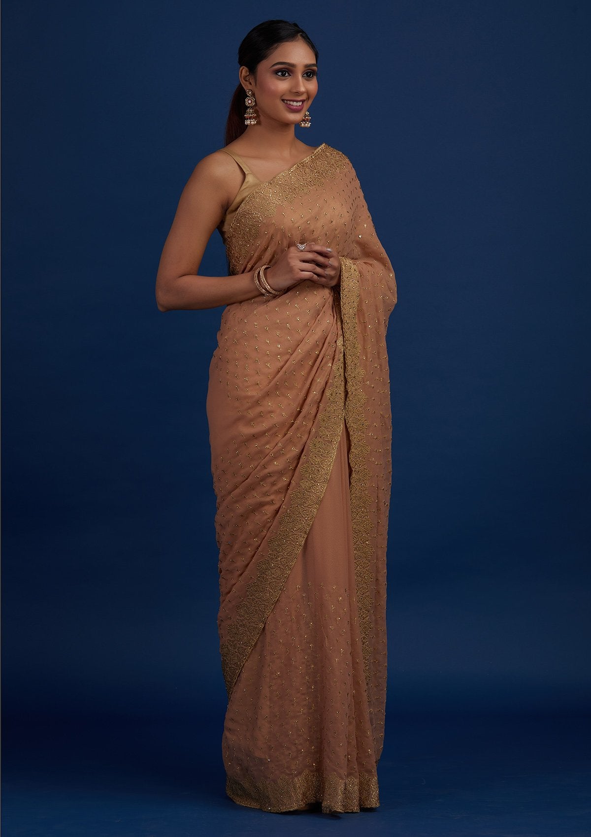 Peach Zariwork Shimmer Designer Saree - Koskii