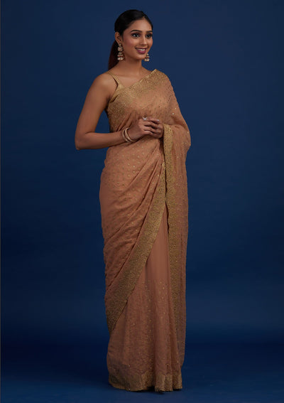 Peach Zariwork Shimmer Designer Saree - Koskii