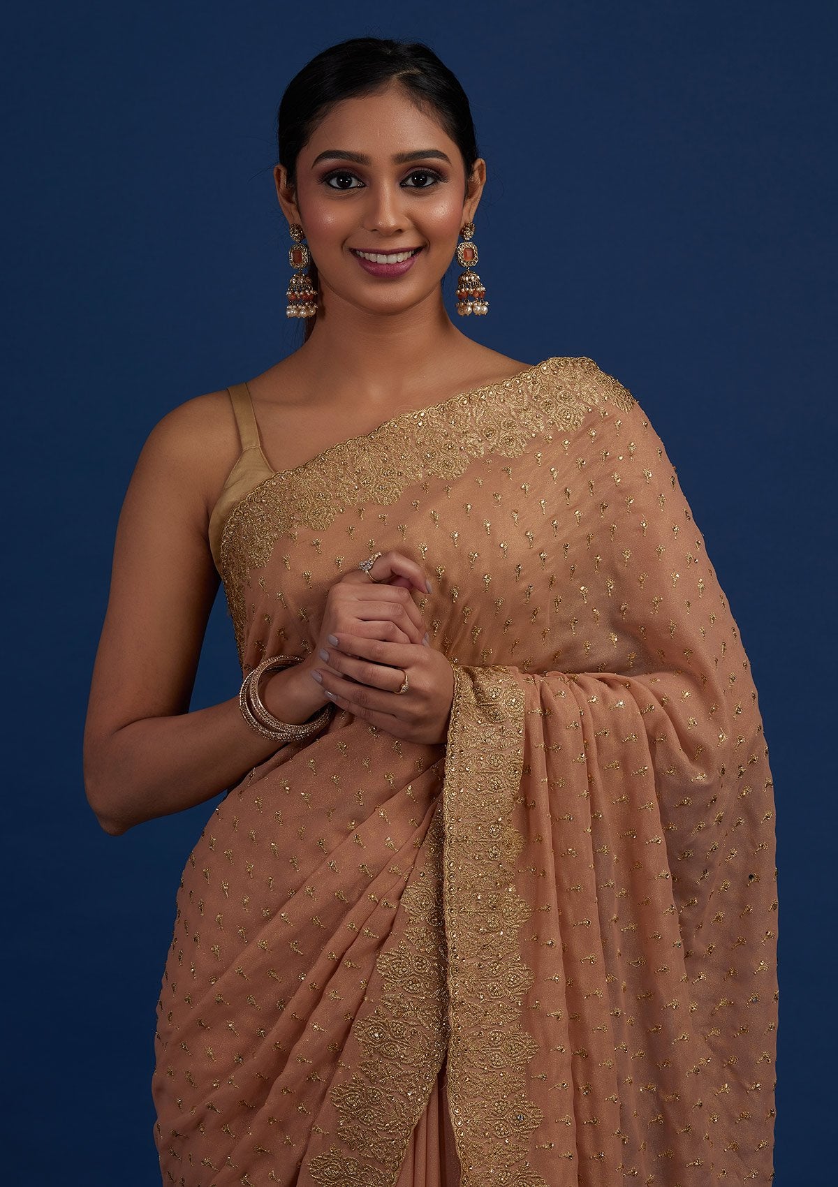 Peach Zariwork Shimmer Designer Saree - Koskii