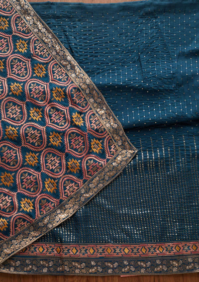 Peacock Blue Chikankari Semi Crepe Unstitched Salwar Suit - Koskii