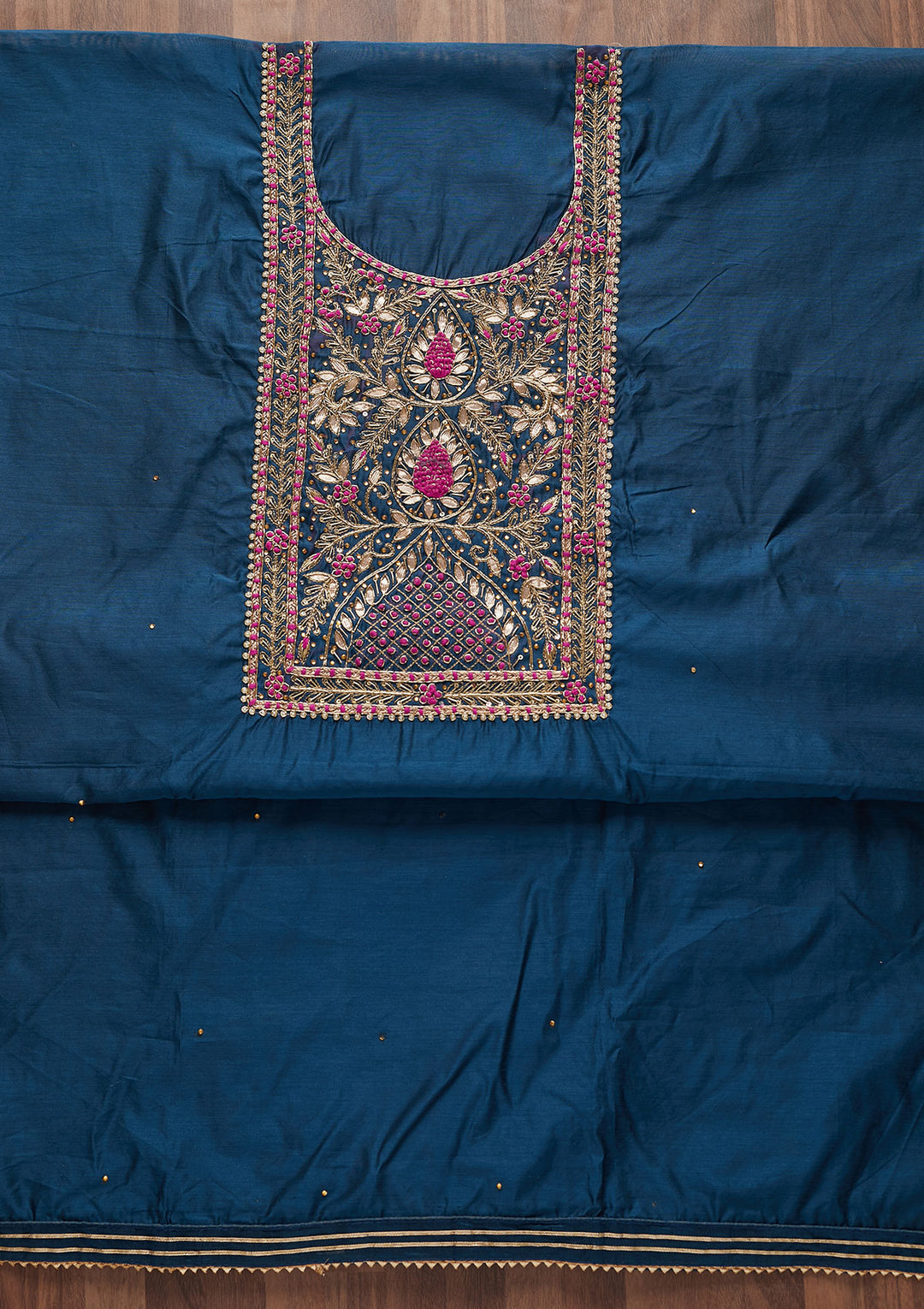 Peacock Blue Gotapatti Art Silk Designer Unstitched Salwar Suit - Koskii
