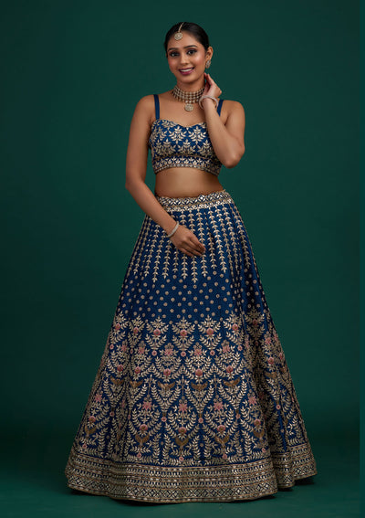 Peacock Blue Gotapatti Raw Silk Designer Semi-Stitched Lehenga - Koskii
