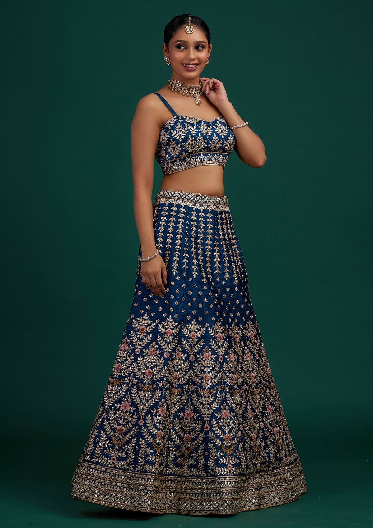 Peacock Blue Gotapatti Raw Silk Designer Semi-Stitched Lehenga - Koskii