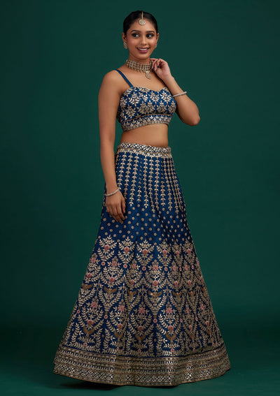 Peacock Blue Gotapatti Raw Silk Designer Semi-Stitched Lehenga - Koskii