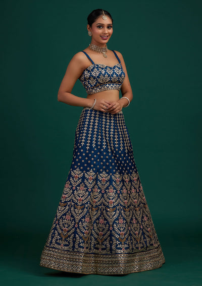 Peacock Blue Gotapatti Raw Silk Designer Semi-Stitched Lehenga - Koskii