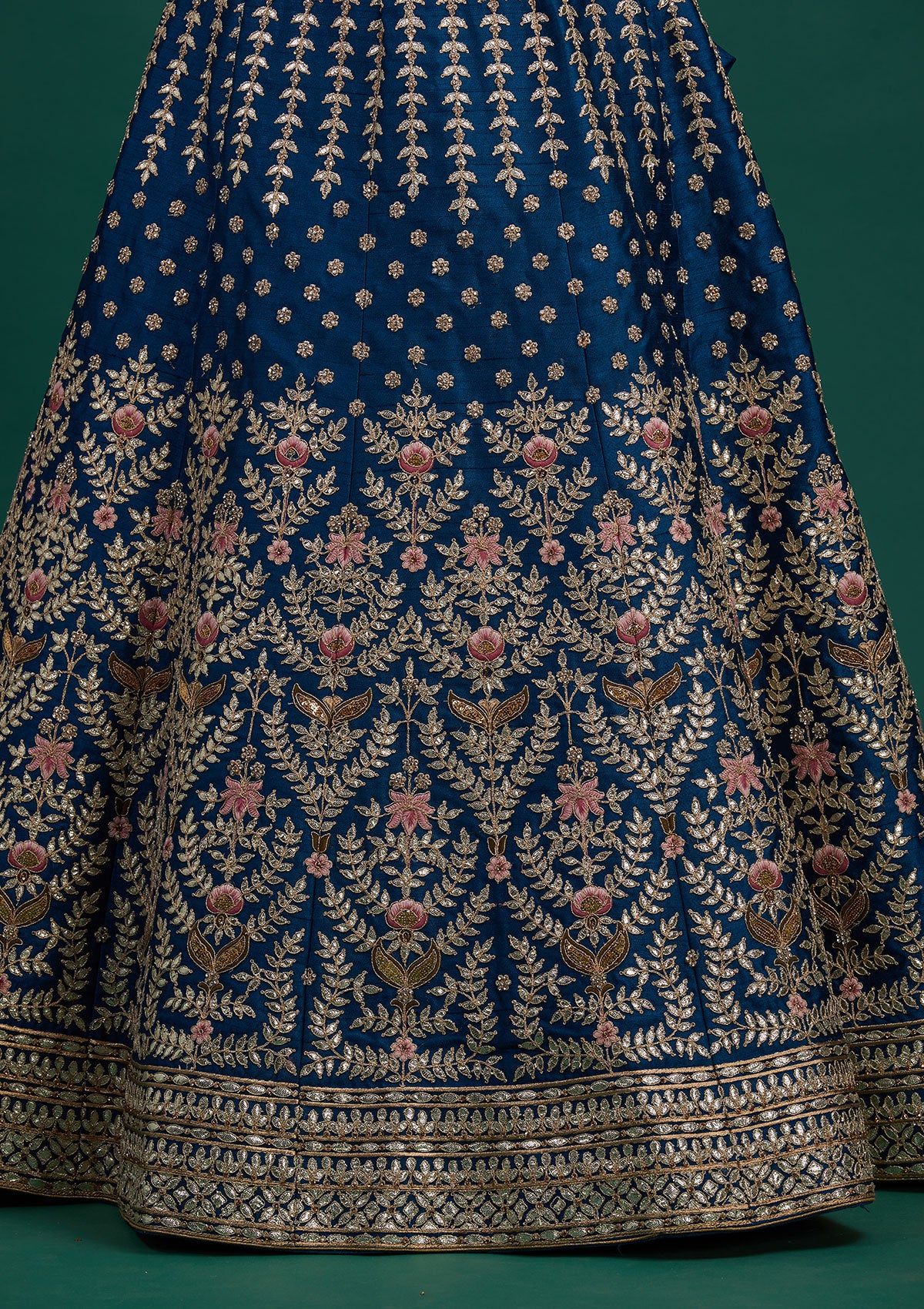 Peacock Blue Gotapatti Raw Silk Designer Semi-Stitched Lehenga - Koskii