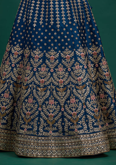 Peacock Blue Gotapatti Raw Silk Designer Semi-Stitched Lehenga - Koskii