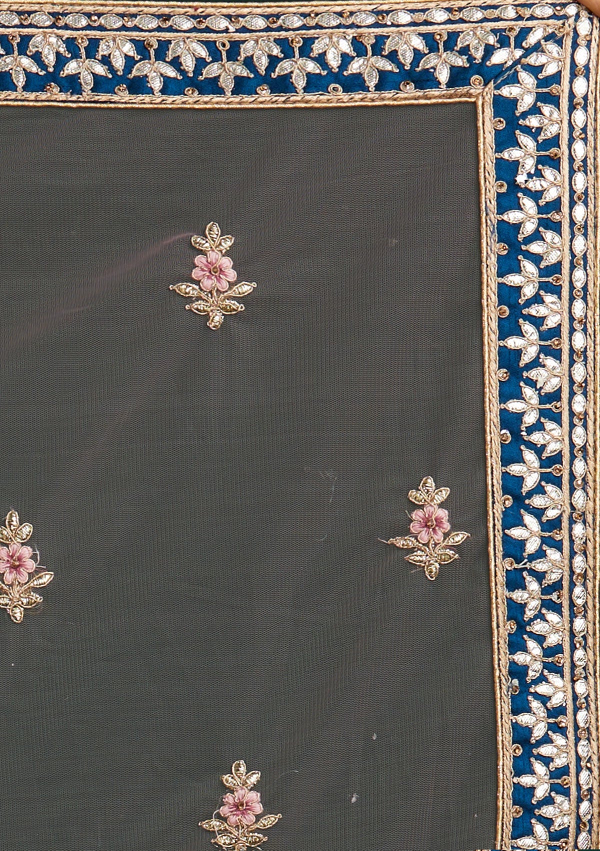 Peacock Blue Gotapatti Raw Silk Designer Semi-Stitched Lehenga - Koskii