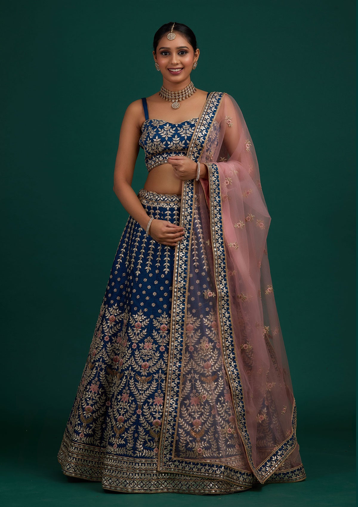 Peacock Blue Gotapatti Raw Silk Designer Semi-Stitched Lehenga - Koskii