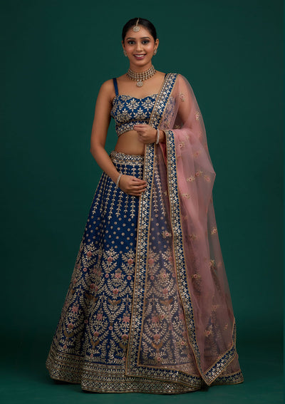 Peacock Blue Gotapatti Raw Silk Designer Semi-Stitched Lehenga - Koskii