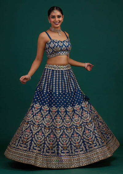 Peacock Blue Gotapatti Raw Silk Designer Semi-Stitched Lehenga - Koskii