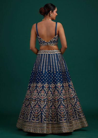 Peacock Blue Gotapatti Raw Silk Designer Semi-Stitched Lehenga - Koskii