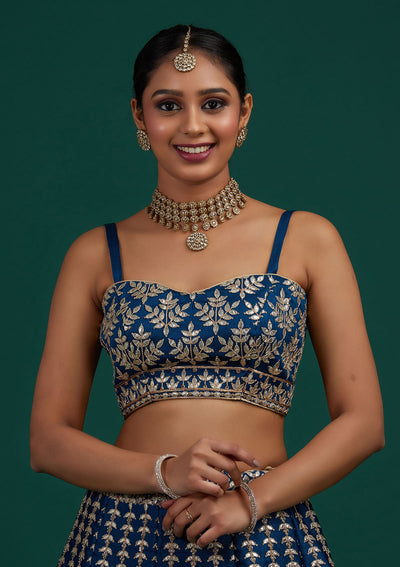 Peacock Blue Gotapatti Raw Silk Designer Semi-Stitched Lehenga - Koskii