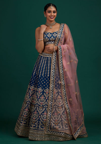 Peacock Blue Gotapatti Raw Silk Designer Semi-Stitched Lehenga - Koskii