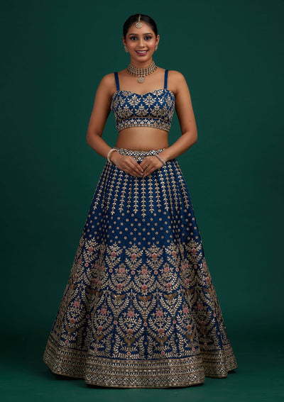 Peacock Blue Gotapatti Raw Silk Designer Semi-Stitched Lehenga - Koskii
