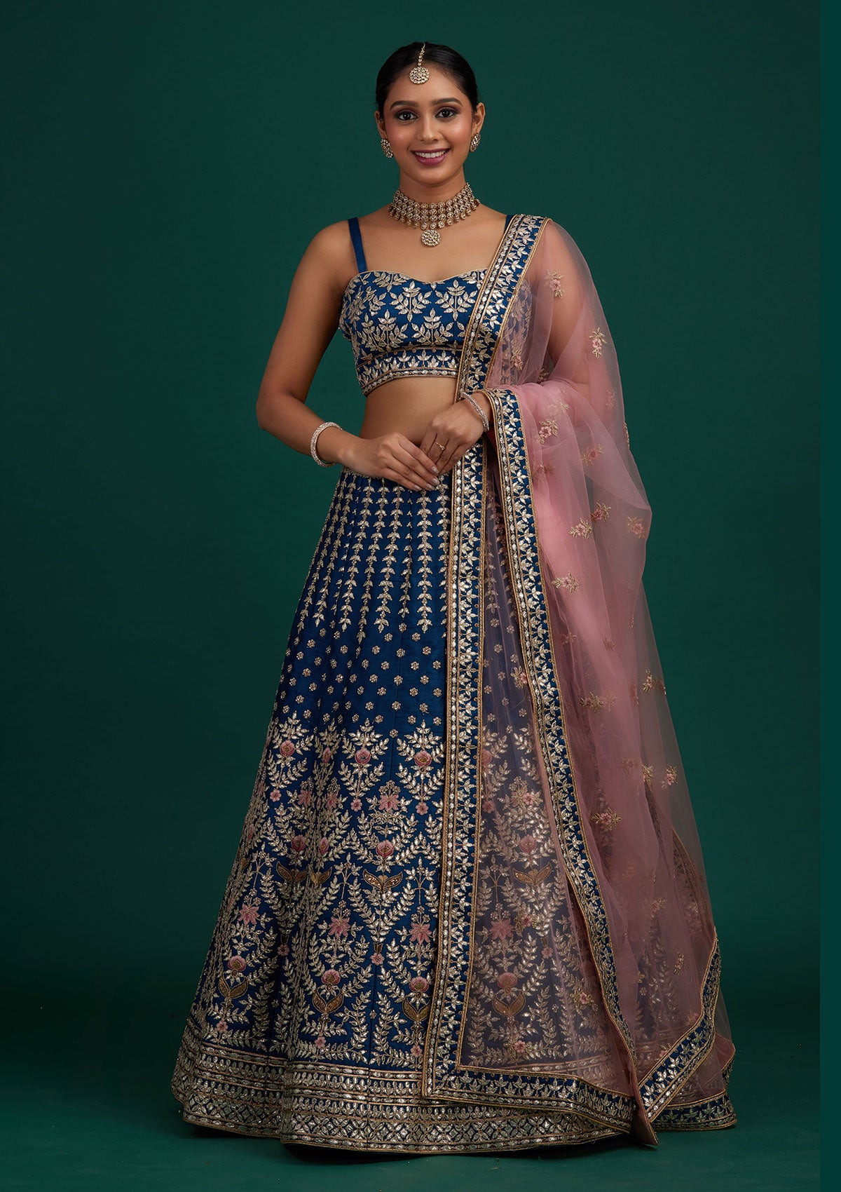 Peacock Blue Gotapatti Raw Silk Designer Semi-Stitched Lehenga - Koskii