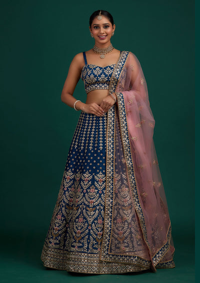 Peacock Blue Gotapatti Raw Silk Designer Semi-Stitched Lehenga - Koskii
