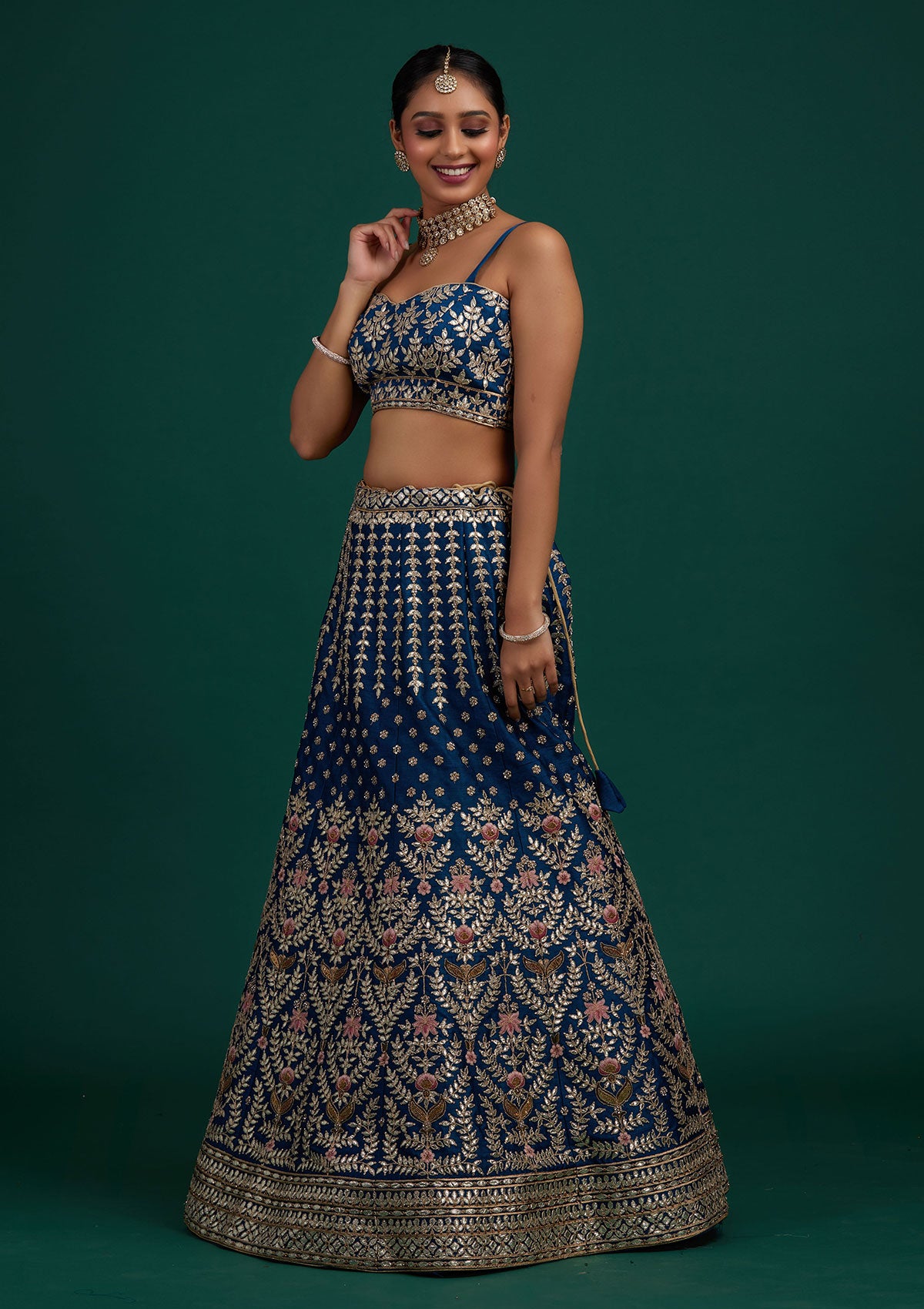 Peacock Blue Gotapatti Raw Silk Designer Semi-Stitched Lehenga - Koskii