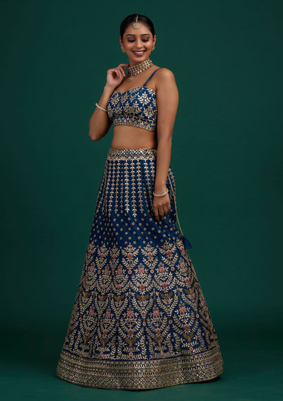 Peacock Blue Gotapatti Raw Silk Designer Semi-Stitched Lehenga - Koskii