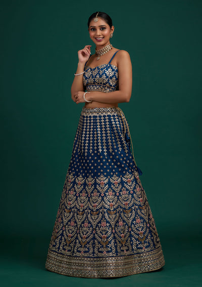 Peacock Blue Gotapatti Raw Silk Designer Semi-Stitched Lehenga - Koskii