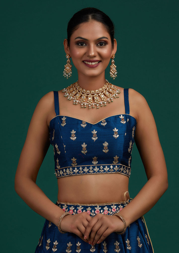 Peacock Blue Gotapatti Raw Silk Designer Semi-Stitched Lehenga - Koskii