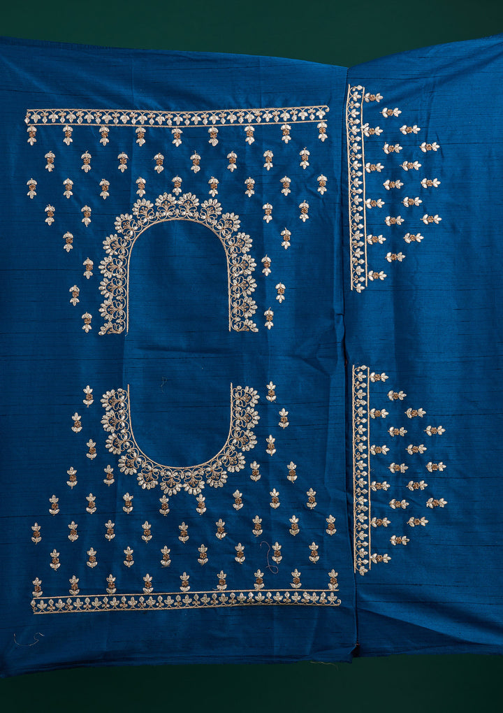 Peacock Blue Gotapatti Raw Silk Designer Semi-Stitched Lehenga - Koskii