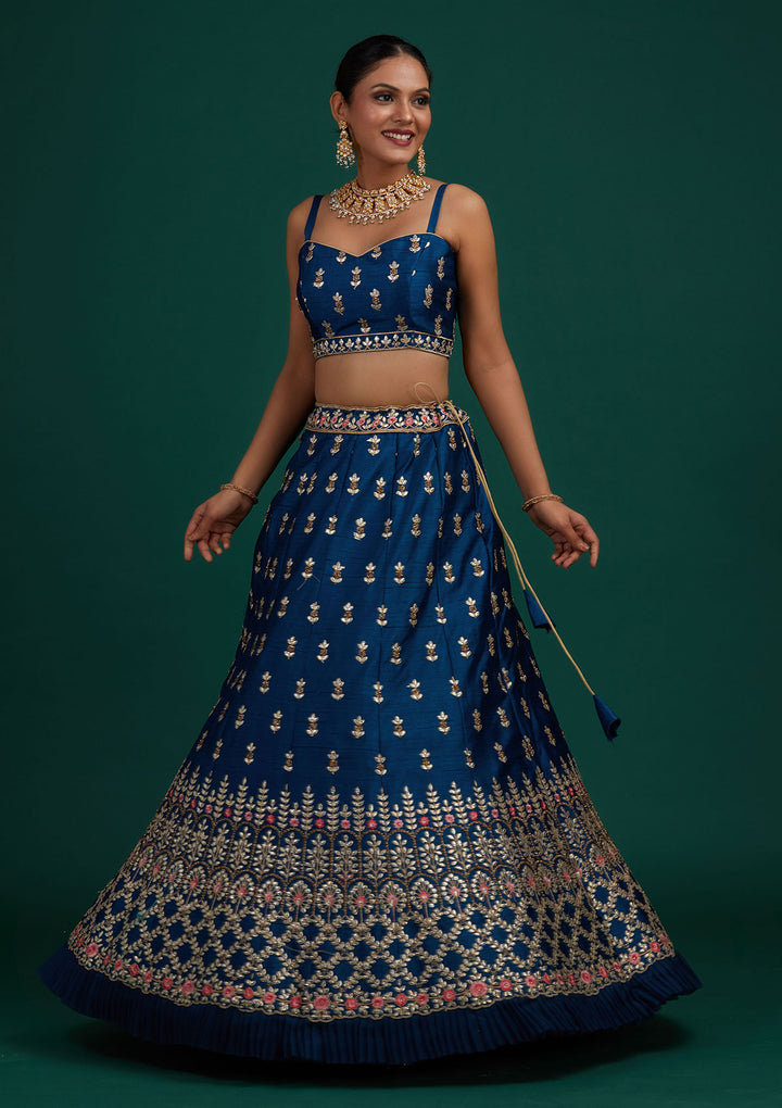 Peacock Blue Gotapatti Raw Silk Designer Semi-Stitched Lehenga - Koskii