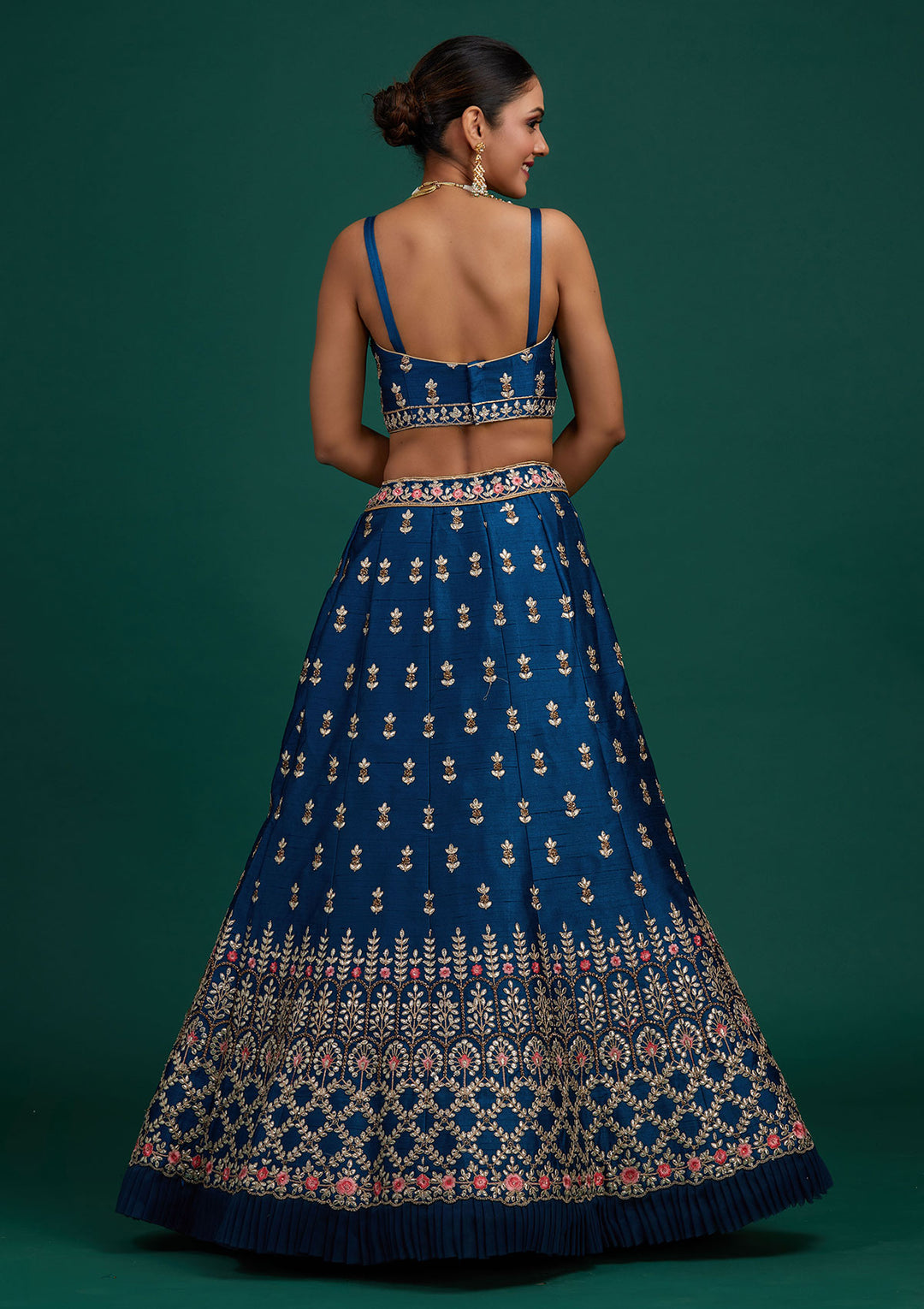 Peacock Blue Gotapatti Raw Silk Designer Semi-Stitched Lehenga - Koskii