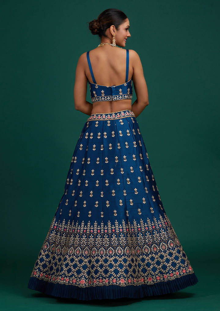 Peacock Blue Gotapatti Raw Silk Designer Semi-Stitched Lehenga - Koskii