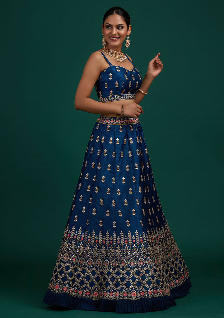 Peacock Blue Gotapatti Raw Silk Designer Semi-Stitched Lehenga - Koskii