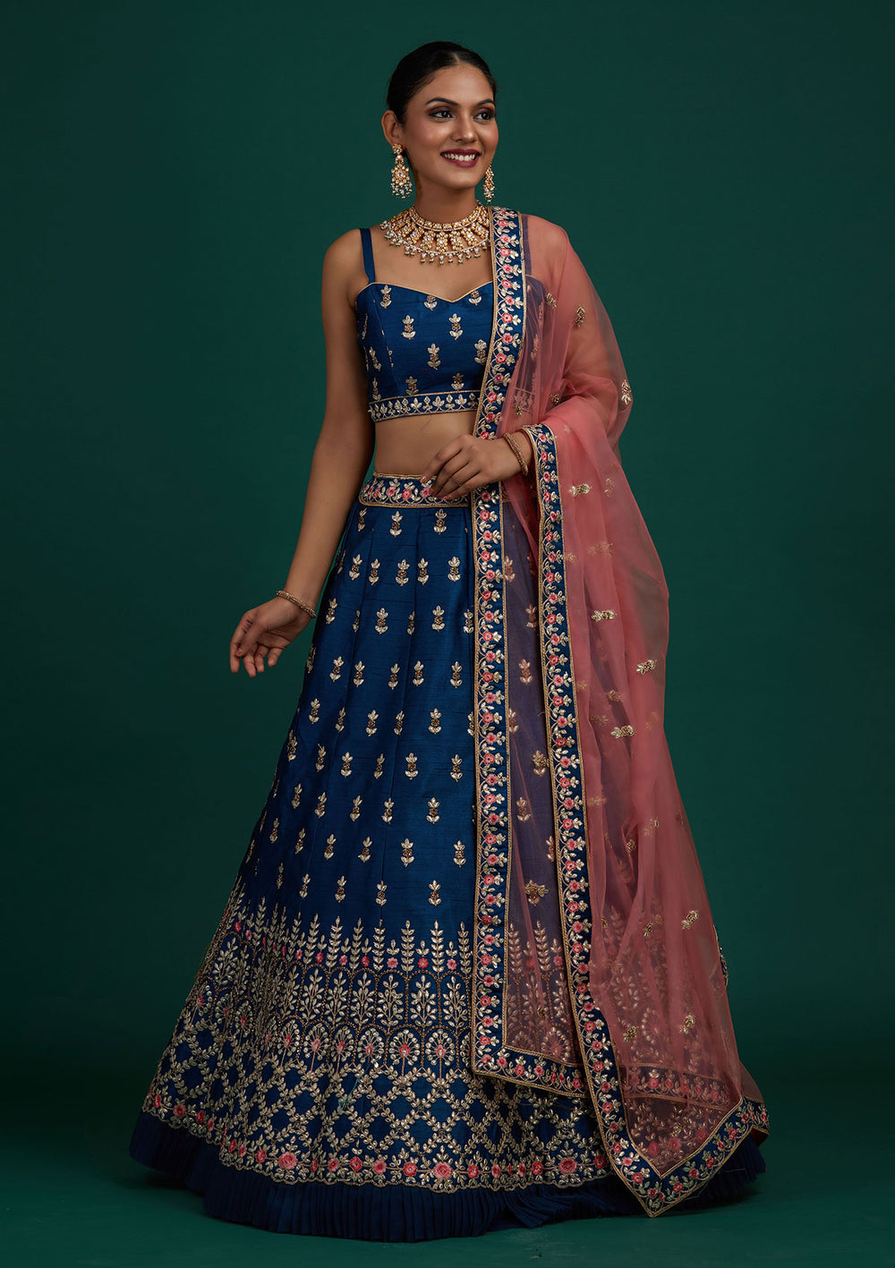 Peacock Blue Gotapatti Raw Silk Designer Semi-Stitched Lehenga - Koskii