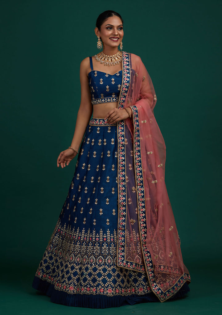Peacock Blue Gotapatti Raw Silk Designer Semi-Stitched Lehenga - Koskii