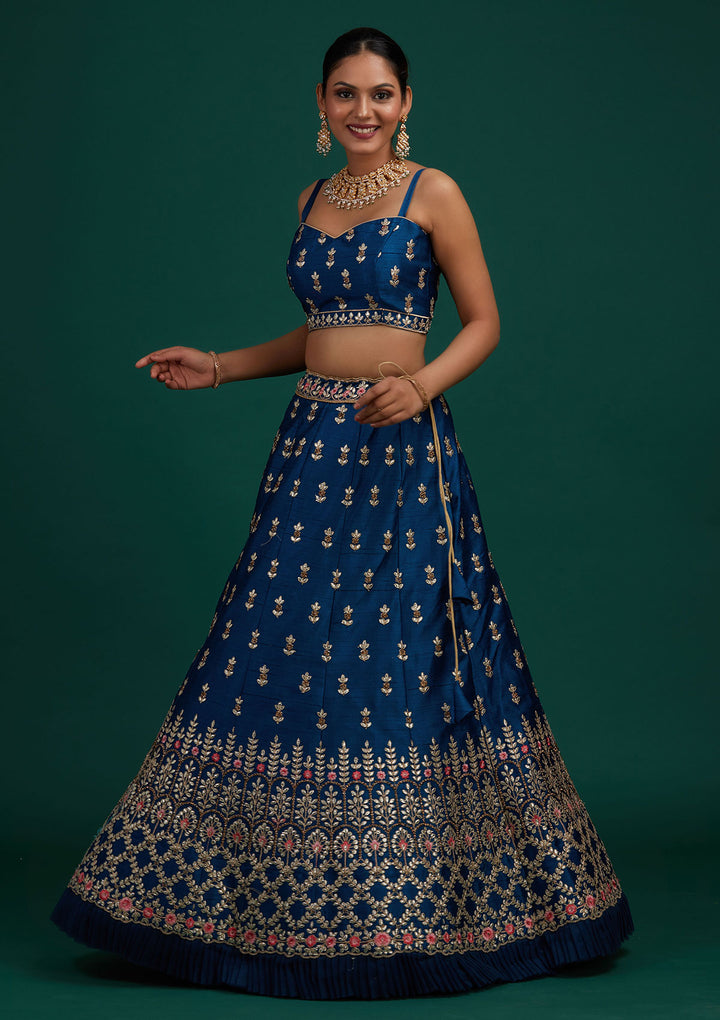 Peacock Blue Gotapatti Raw Silk Designer Semi-Stitched Lehenga - Koskii