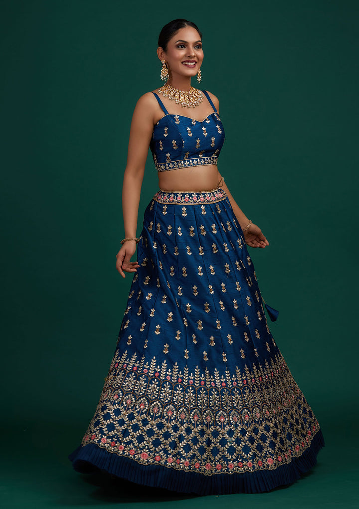 Peacock Blue Gotapatti Raw Silk Designer Semi-Stitched Lehenga - Koskii