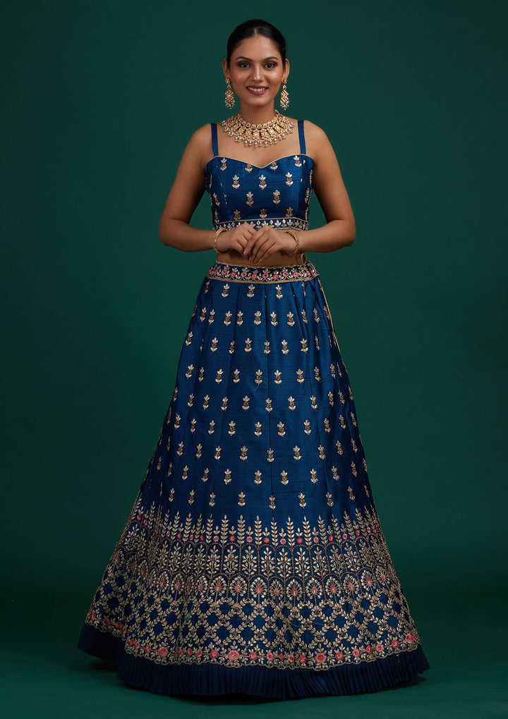Peacock Blue Gotapatti Raw Silk Designer Semi-Stitched Lehenga - Koskii