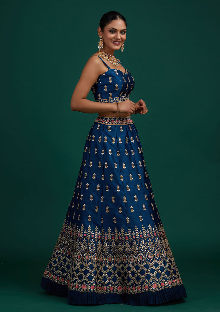 Peacock Blue Gotapatti Raw Silk Designer Semi-Stitched Lehenga - Koskii