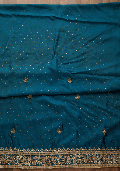 Peacock Blue Gotapatti Semi Crepe Unstitched Salwar Suit-Koskii