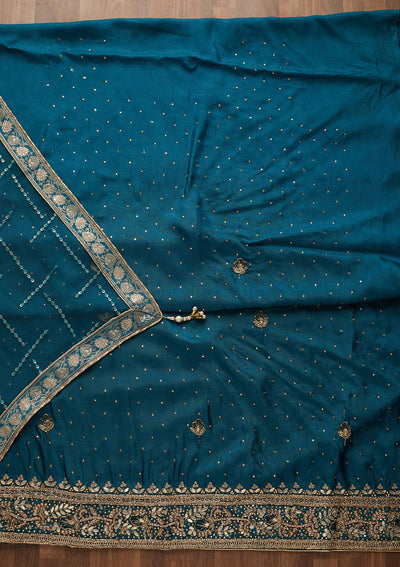 Peacock Blue Gotapatti Semi Crepe Unstitched Salwar Suit-Koskii