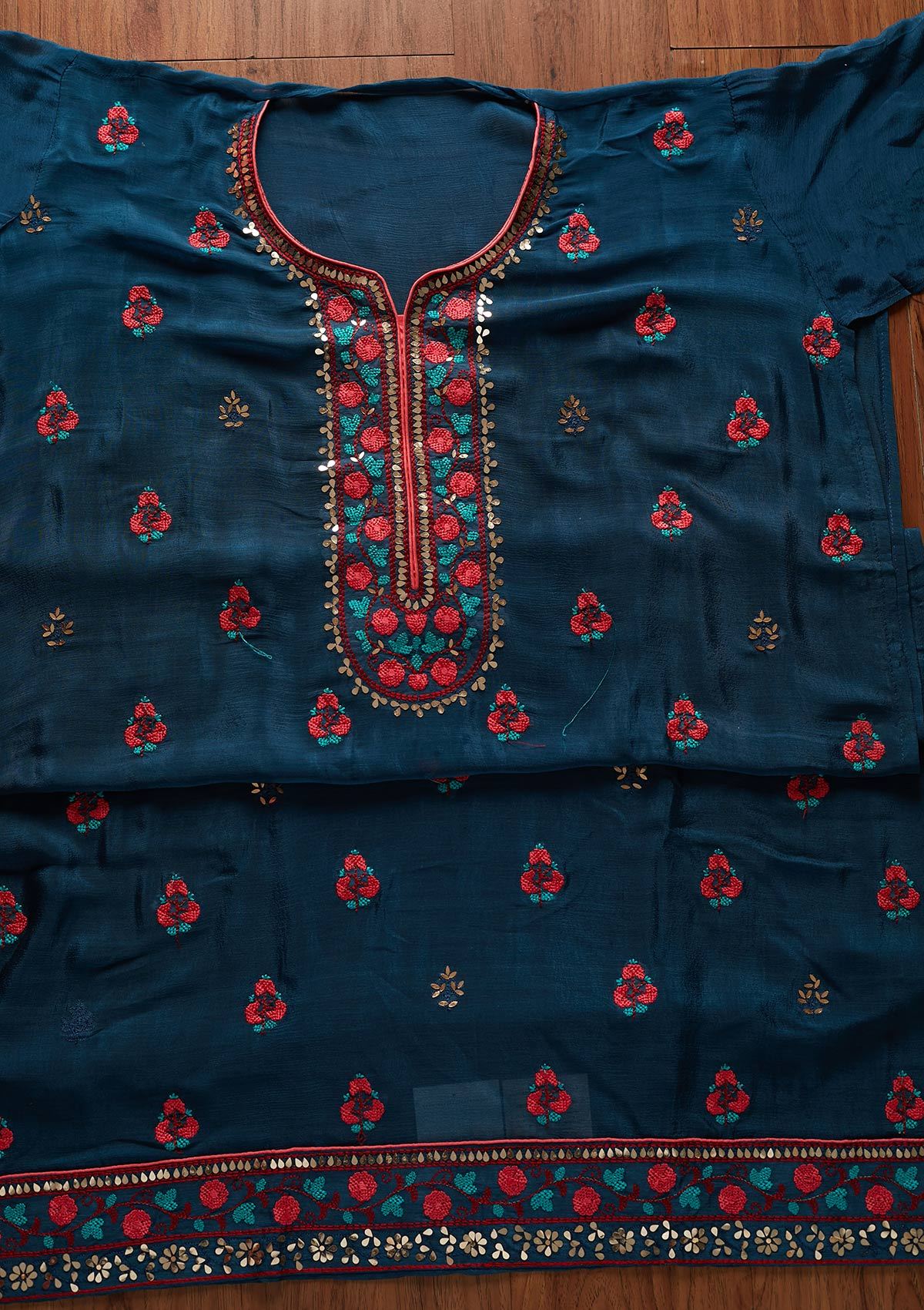 Peacock Blue Mirrorwork Semi Crepe Designer Unstitched Salwar Suit - koskii