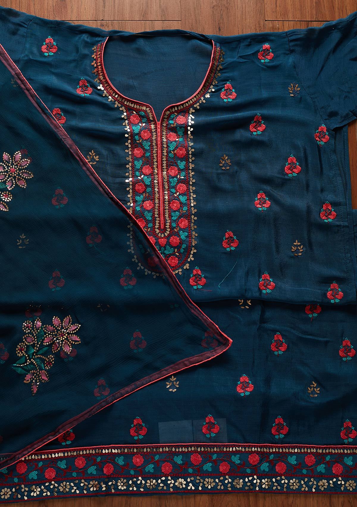 Peacock Blue Mirrorwork Semi Crepe Designer Unstitched Salwar Suit - koskii