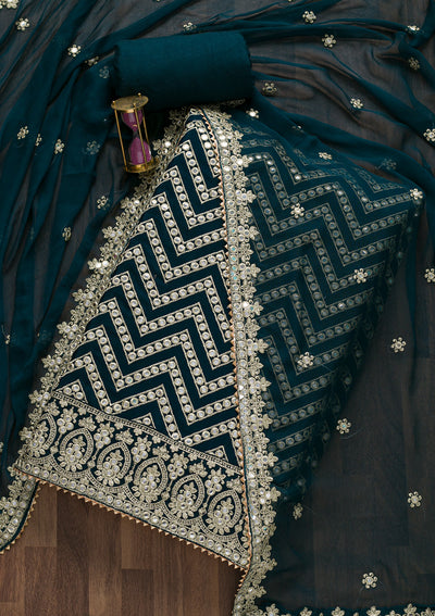 Peacock Blue Mirrorwork Semi Crepe Unstitched Salwar Suit-Koskii