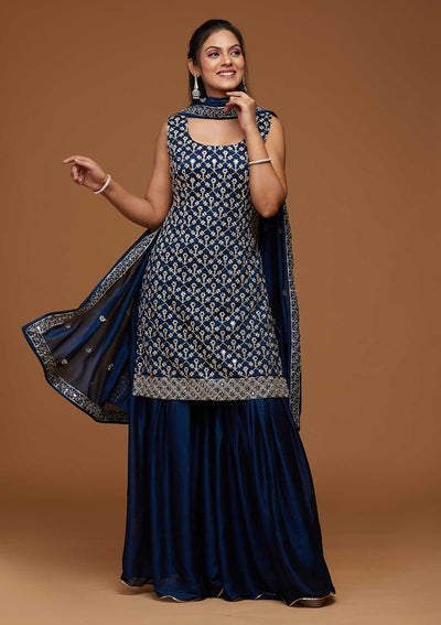 Peacock Blue Silver Zariwork Raw Silk Designer Salwar Suit-Koskii
