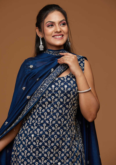 Peacock Blue Silver Zariwork Raw Silk Designer Salwar Suit-Koskii