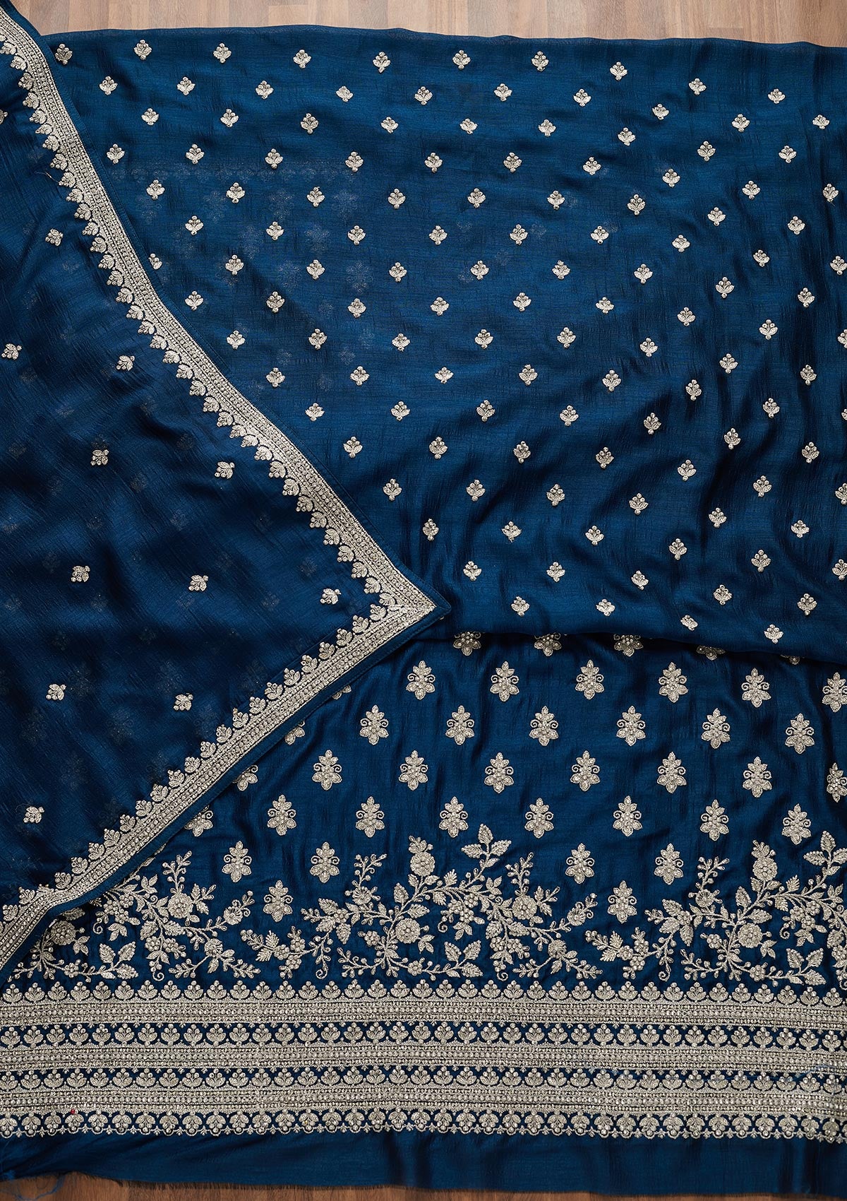 Peacock Blue Silver Zariwork Raw Silk Unstitched Salwar Suit-Koskii