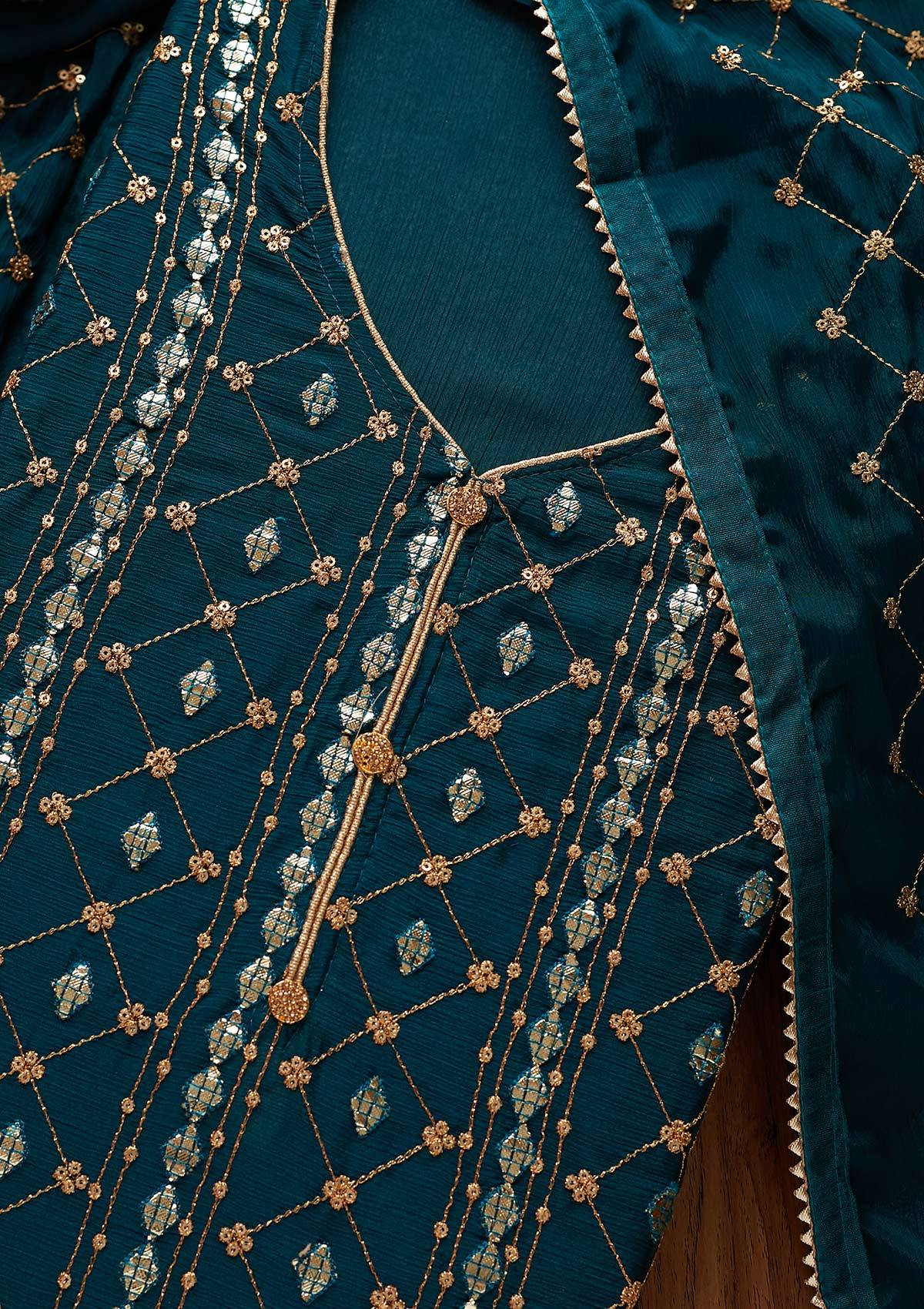 Peacock Blue Sequins Chanderi Designer Unstitched Salwar Suit - Koskii