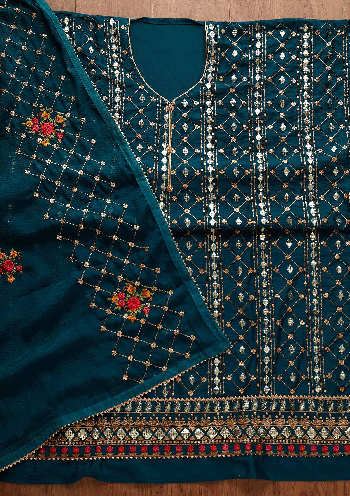 Peacock Blue Sequins Chanderi Designer Unstitched Salwar Suit - Koskii
