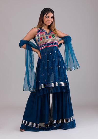 Peacock Blue Sequins Georgette Salwar Suit-Koskii